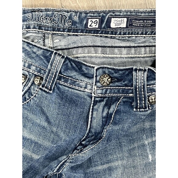 Miss Me Jeans Y2K Boot Cut Distress Ripped Rhinestone Cross Rose 29 Western Glam - Picture 6 of 7